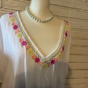White V-Neck Top with Floral Embroidery